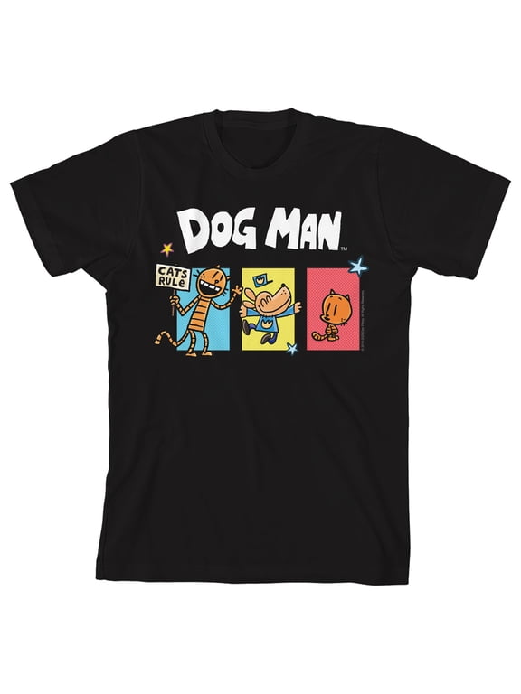 Dog Man Two Cats and Dog Colored Rectangular Frames Logo Cats Rule Stars Boys Black Crew Neck Short Sleeve Tee-Medium