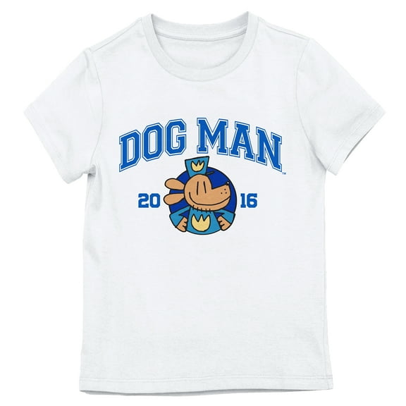 Dog Man Varsity Style Logo Youth Girl White Short Sleeve Tee - Large
