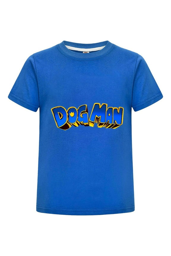 Dog Man Yellow Blue Stylized Text Kids Boys Girls Tee – Eye-Catching Logo T-Shirt Comic Top