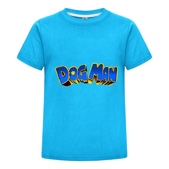 Dog Man Yellow Blue Stylized Text Kids Boys Girls Tee – Eye-Catching Logo T-Shirt Comic Top