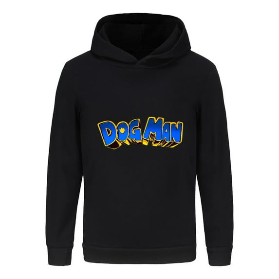 Dog Man Yellow & Blue Text Logo Hoodie – Eye-Catching Comic Style Top for Kids