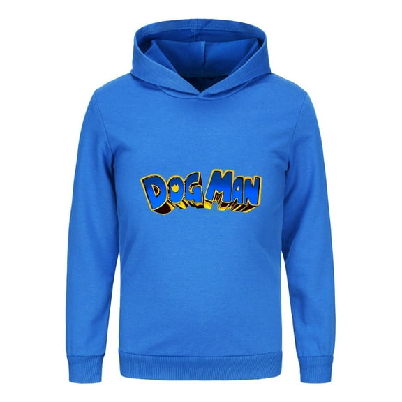 Dog Man Yellow & Blue Text Logo Hoodie – Eye-Catching Comic Style Top for Kids