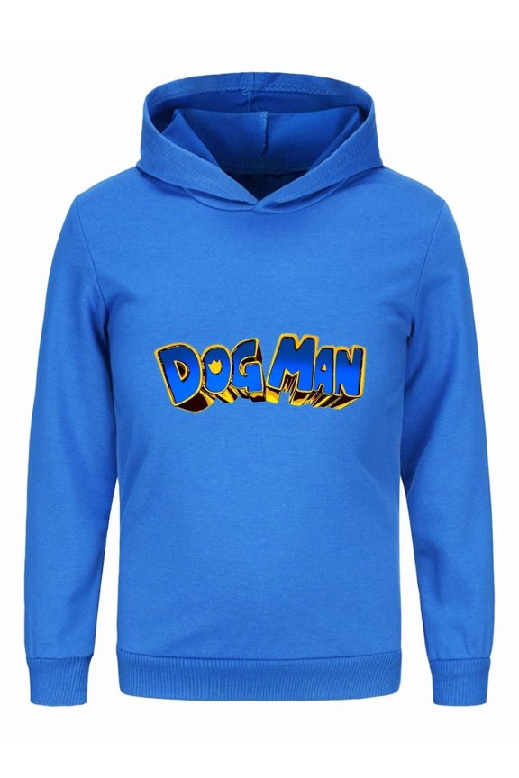 Dog Man Yellow & Blue Text Logo Hoodie – Eye-Catching Comic Style Top for Kids