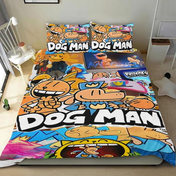 Dog Man themed bed sheet set, cotton, three pieces, comfortable and skin-friendly, durable design, gifts for family, friends, fans, 55x79 in (140*200 cm).