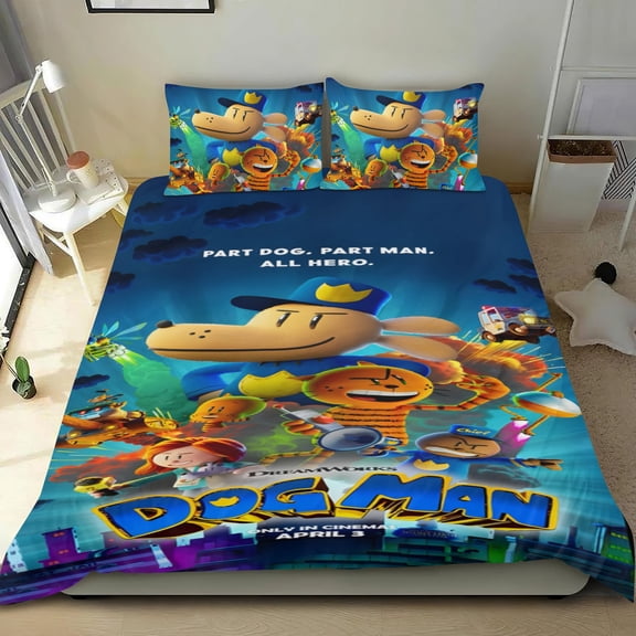 Dog Man three-piece cotton bed set, comfortable and skin-friendly, non-slip corners, distinctive design, great home decor gifts, 36x75 in (90*190 cm; Twin XL).