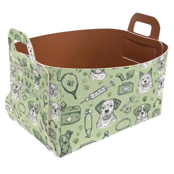 Dog Medical Green Print Storage Basket Collapsible Storage Bin, PU Foldable Basket Convenient Box Storage Organizer with Handles for Shelves Office Bedroom Closet Nursery Toys Laundry