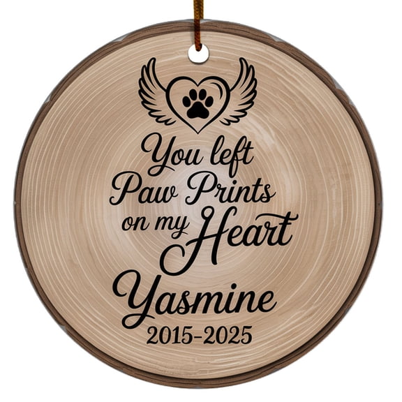 Dog Memorial Ceramic Christmas Ornament, Paw Prints On My Heart, Custom Name Text & Year, Brown Rustic Hanging Christmas Ornament, Circle Christmas Ornament, Holiday Keepsake