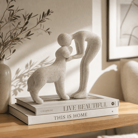 Dog Memorial Gifts for Loss of Dog, Sandstone Human & Dog Bond Sculpture Figurine, Pet Remembrance Keepsake Ornament, Home Decor for Desk, Shelf Decor