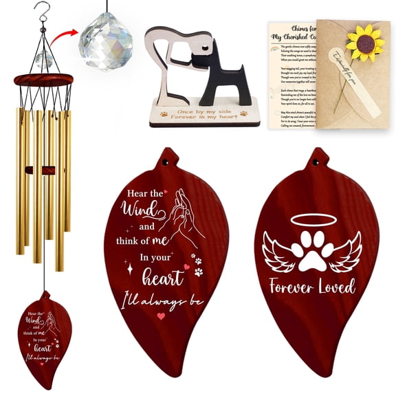 Dog Memorial Gifts For Loss Of Dog, Wind Chimes For Outside with Pet Loss Sympathy Poem Card & Human Friend Statue Sculpture Gift Hanging Patio Garden Window Decor P-WC-01-LE-WAL