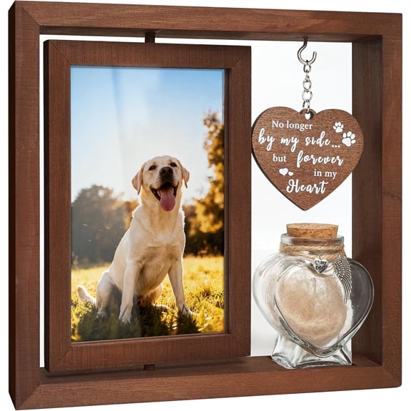 Dog Memorial Gifts for Loss of Pet - Rotating Wooden Frame for 4x6 Photo & Fur Hair Jar - Sympathy Gift for Pet Bereavement, Remembrance Keepsake - Rainbow Bridge Gift for Dog Lovers & Cat Lovers