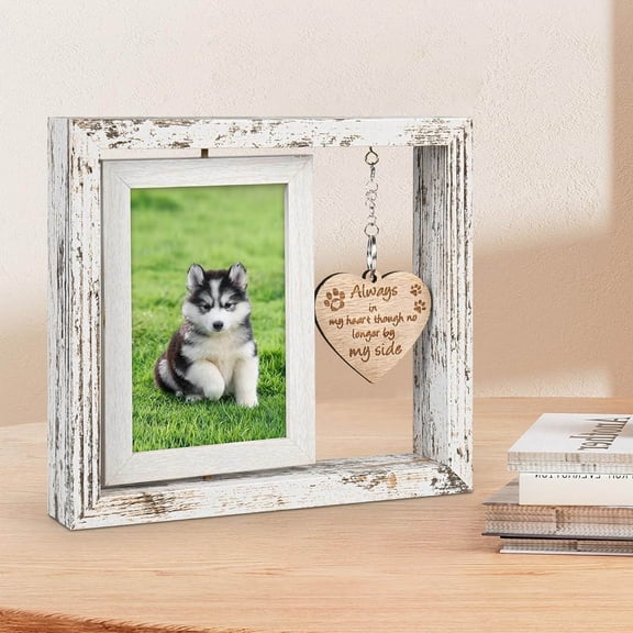 Dog Memorial Gifts Rainbow Bridge Pet Loss Picture Frame with Rotating Double-Sided Display, Wooden Pet Memorial Frame with Hanging Heart Charm, Sympathy Gift for Loss of Dog or Cat