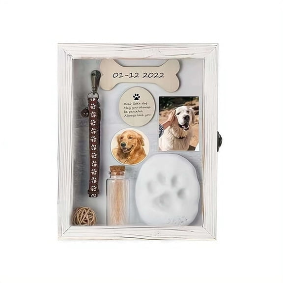 Dog Memorial Shadow Box Frame,Cat Loss Sympathy Gift Wooden Picture Frame, 3D Pet Keepsake Memory Box with Paw Print Clay Kit and Hair Bottle, Tabletop & Wall Mount, 1-Set