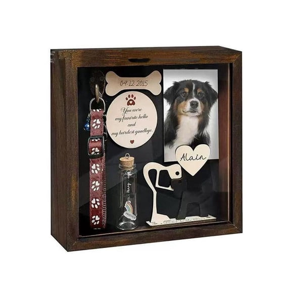 Dog Memorial Shadow Box Frame Collar Holder, Fur Jar, Wooden Dogs Figurine, Paw Print Keepsake, Sympathy Gift for Loss of Dogs, Pet Bereavement Gift for Dog Owners, Forever in Our Hearts