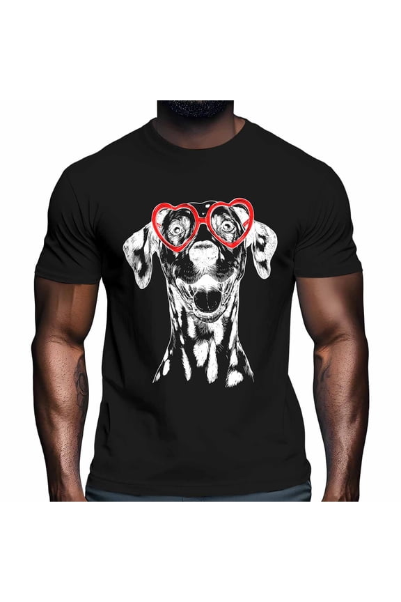 Dog Men's T Shirts Dalmatian with Love Glasses T-Shirt for Men Crew Neck Tees Cotton Tops Black, S