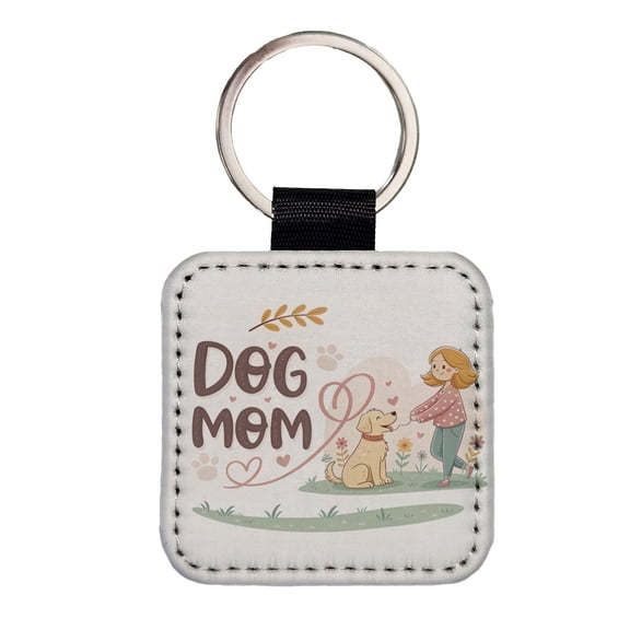 Dog Mom Cartoon Faux Leather Square Keychain