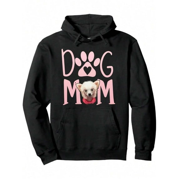 Dog Mom Chinese Crested Cute Paw Print Dog Lover Design Pullover Hoodie 250g Casual Black Sweatshirt With Pockets Cozy Cotton Long Sleeve Hoodies For Men Birthday Gifts Holiday GiftsSJ