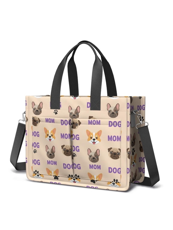 Dog Mom Faces Peach Pattern Canvas Messenger Tote Bag, Work Tote with Multi Pockets & Removable Strap, Durable Canvas Gifts for Women Men Teacher Nurse