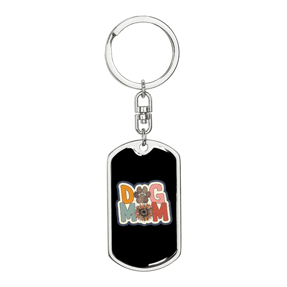 Dog Mom Flower Stainless Steel or 18k Gold Premium Swivel Dog Tag Keychain