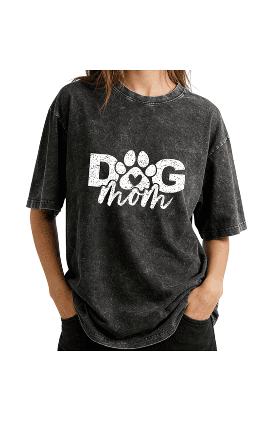 Dog Mom Heart Paw Print Graphic Wash Print Tshirt Graphic Tees Shirts Charcoal Relaxed Fit S-2XL Pet Lover Tops