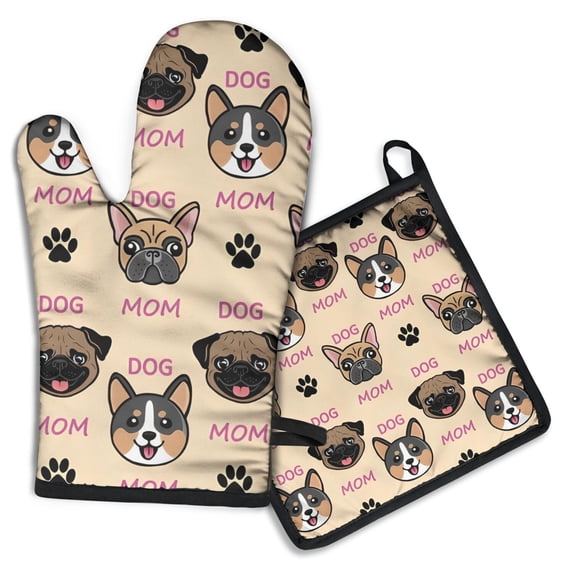 Dog Mom Kitchen Oven Mitt and Pot Holder Sets 2 Pcs for Baking, Cooking and Grilling, Heat Resistant Up To 392 °F