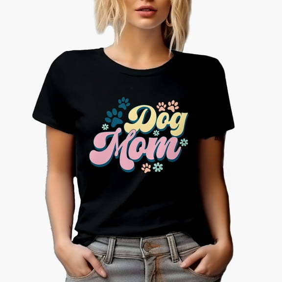 Dog Mom, Paws & Flowers Art Merch Gift, Black T-Shirt, Small