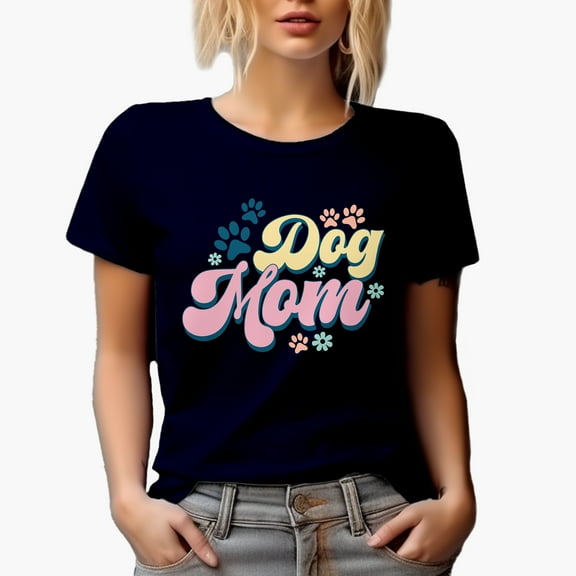 Dog Mom, Paws & Flowers Art Merch Gift, Navy Blue T-Shirt, Small