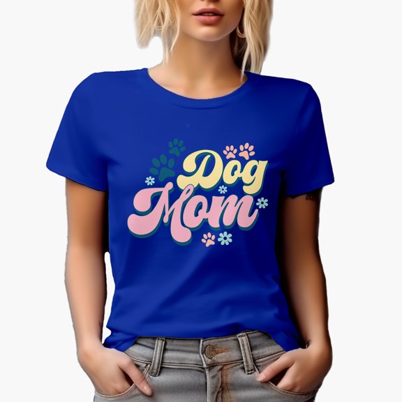 Dog Mom, Paws & Flowers Art Merch Gift, Royal Blue T-Shirt, Medium