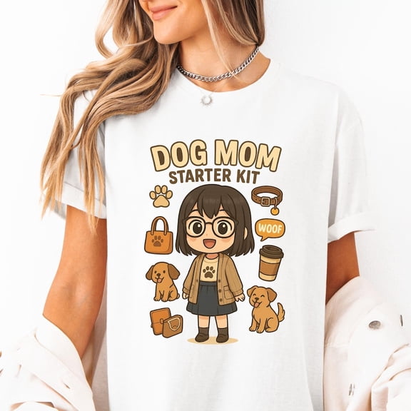 Dog Mom Starter Kit Shirt Cute Dog Lover Gift for Women Funny Cartoon Style Pet Owner Tee with Coffee Dogs Bag and Paw Print Design