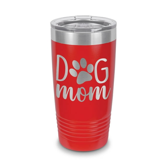 Dog Mom Tumbler 20 oz - Laser Engraved w/ Clear Lid - Stainless Steel - Vacuum Insulated - Double Walled - Travel Mug - love pets animals dogs paw print - Red