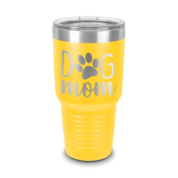Dog Mom Tumbler 30 oz - Laser Engraved w/ Clear Lid - Stainless Steel - Vacuum Insulated - Double Walled - Travel Mug - love pets animals dogs paw print - Yellow