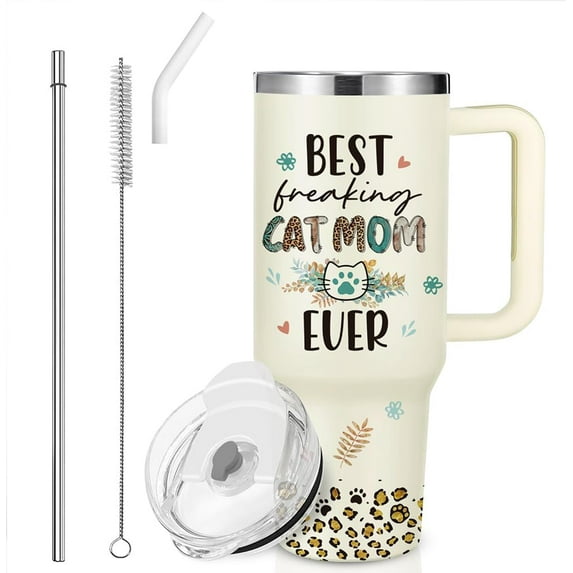 Dog Mom Tumbler 40oz - Ideal Gift for Dog Lovers - "Best Dog Mom Ever" Design - Insulated Cup with Handle, Lid & Straw