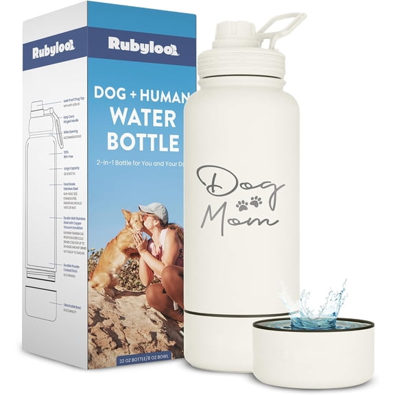 Rubyloo Dog Mom Water Bottle, 32 oz Stainless Steel Double Wall Insulated Water Bottle with 8 oz Bowl, "Dog Mom" in Cream
