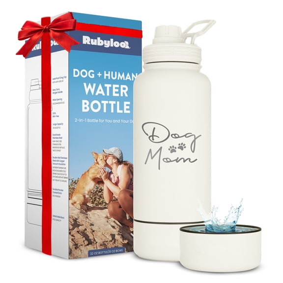 Rubyloo Dog Water Bottle for Dog Mom, 32oz Stainless Steel Double Wall Insulated Water Bottle with 8 oz Bowl, Cream "Dog Mom"