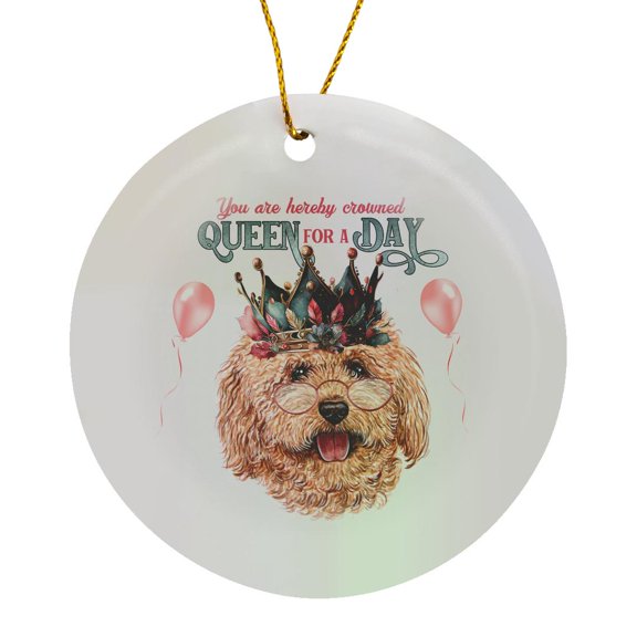 3drose, Dog Moms Queen for a Day Theme Cute Toy Poodle Dog in a Crown, Circle Porcelain Ornament