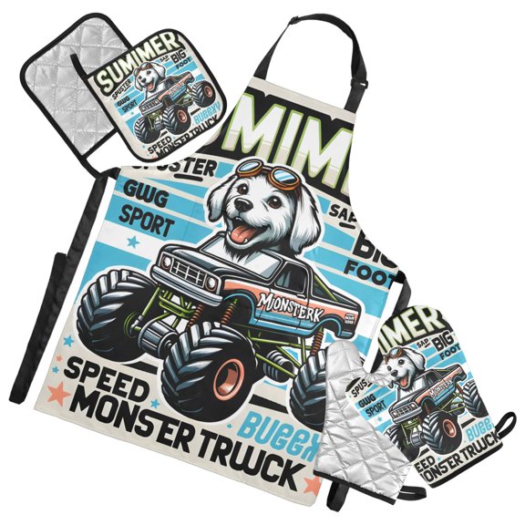 Dog Monster Truck 5 Pcs Kitchen Set Heat Resistant Oven Mitts and Non-Slip Pot Holders with Adjustable Cooking Apron