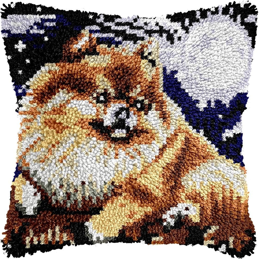 Dog & Moon Latch Hook Pillow Kits for DIY Handmade Throw Pillow Cushion Embroidery Latch Hooking Pillowcase Kits with Preprinted Canvas Crochet Yarn Kits 17''X 17''(g54)