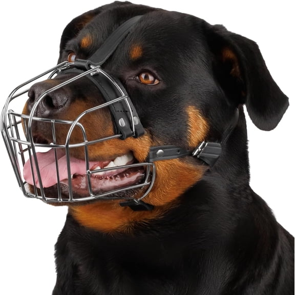 Dog Muzzle Adjustable Durable Metal Wire Basket for Large and Extra Large Dogs with Leather Straps Breathable, Drinkable, Training, Prevents Biting (Stainless Steel, Rottweiler)