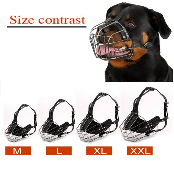 Dog Muzzle Adjustable Robust Pvc/Metal Wire Basket for Large and Very Large Dogs with Leather Straps Breathable, Training, MBlack