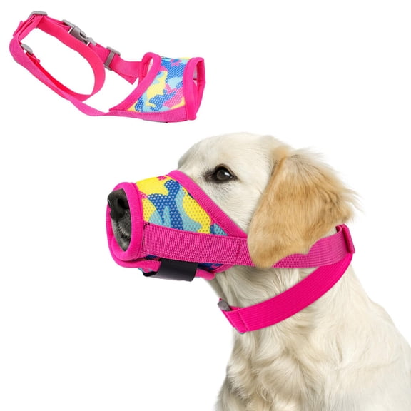 Dog Muzzle with Escape-Proof Elastic Neck Collar, Soft Adjustable Mesh Dog Mouth Guard for Large Medium Small Dogs to Prevent Biting Barking Chewing & Allows Panting Drinking