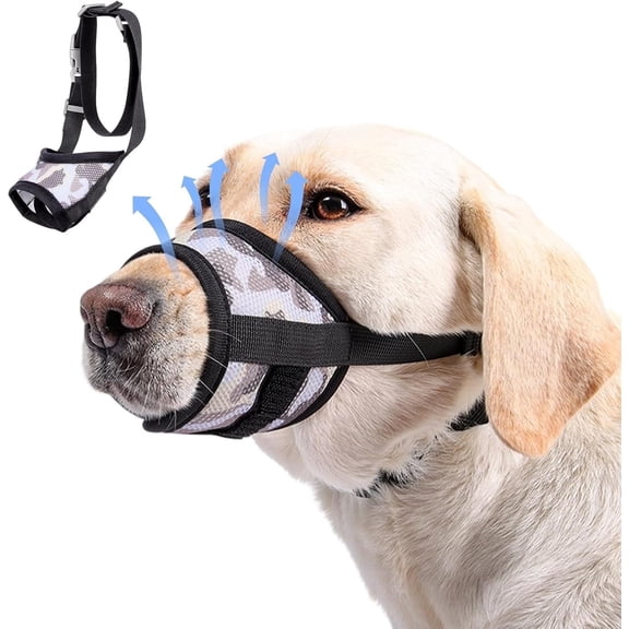 Dog Muzzle with Escape-Proof Elastic Neck Collar, Soft Breathable Air Mesh Mouth Cover Stops Biting Barking Chewing Allows Drinking Panting, Adjustable Muzzle for Small Medium Large Dogs