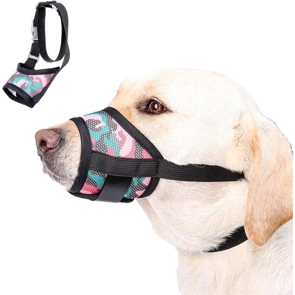 Dog Muzzle with Escape-Proof Elastic Neck Collar, Soft Breathable Air Mesh Mouth Cover Stops Biting Barking Chewing Allows Drinking Panting, Adjustable Muzzle for Small Medium Large Dogs