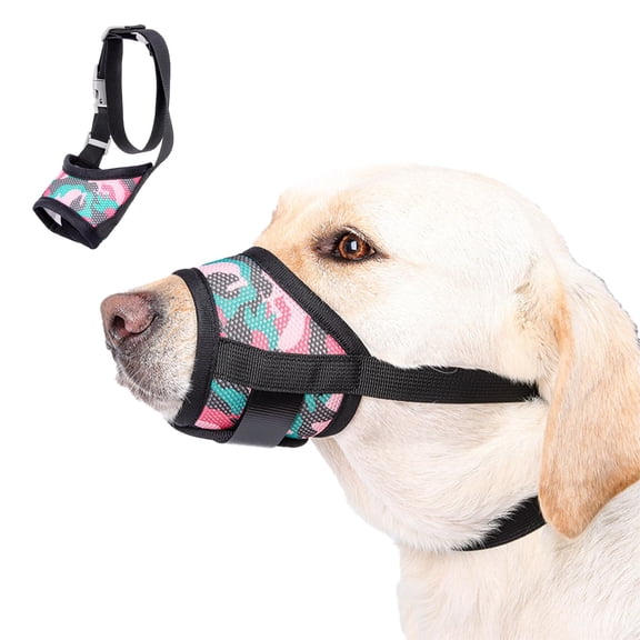 Dog Muzzle with Escape-Proof Elastic Neck Collar, Soft Breathable Air Mesh Mouth Cover Stops Biting Barking Chewing Allows Drinking Panting, Adjustable Muzzle for Small Medium Large Dogs