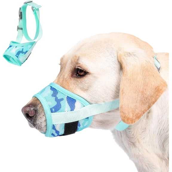 Dog Muzzle with Escape-Proof Elastic Neck Collar, Soft Breathable Air Mesh Mouth Cover Stops Biting Barking Chewing Allows Drinking Panting, Adjustable Muzzle for Small Medium Large Dogs