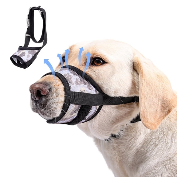 Dog Muzzle with Escape-Proof Elastic Neck Collar, Soft Breathable Air Mesh Mouth Cover Stops Biting Barking Chewing Allows Drinking Panting, Adjustable Muzzle for Small Medium Large Dogs