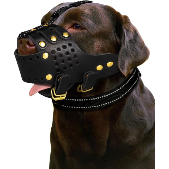 Dog Muzzle for Large Dogs, Genuine Leather Muzzles with Reflective Adjustable Straps, Quick-Release Buckle and Metal Hardware, Breathable Dog Mouth Guard for Panting, Drinking and Feeding
