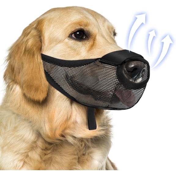 Dog Muzzle for Large Medium Small Dogs, Patented Mesh Muzzle to Prevent Biting Chewing Eating, Soft Mouth Guard with Front Opening Design for Drinking Panting，Black S