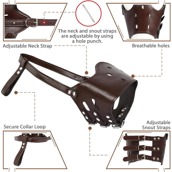 Dog Muzzle Leather, Soft Secure Anti-Barking Leather Muzzle for Large Sized Dogs to Prevent Biting, Breathable and Adjustable, Allows Drinking and Panting, Used with Collars