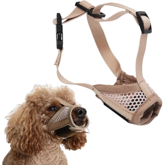 Dog Muzzle,Mesh Muzzles for Dogs, Soft Mouth Guard to Prevent Biting Chewing with Adjustable Head Strap, Perfect for Vet Visit,Khaki S