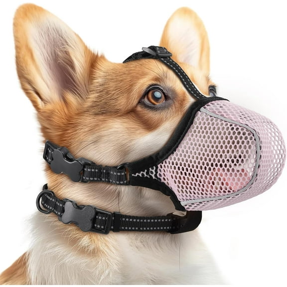 Dog Muzzle, Mesh Soft Muzzle for Small Medium Large Dogs, Breathable Reflective Adjustable Puppy Muzzle with Collar for Scavenging Grooming Biting Chewing, Allows Panting & Drinking