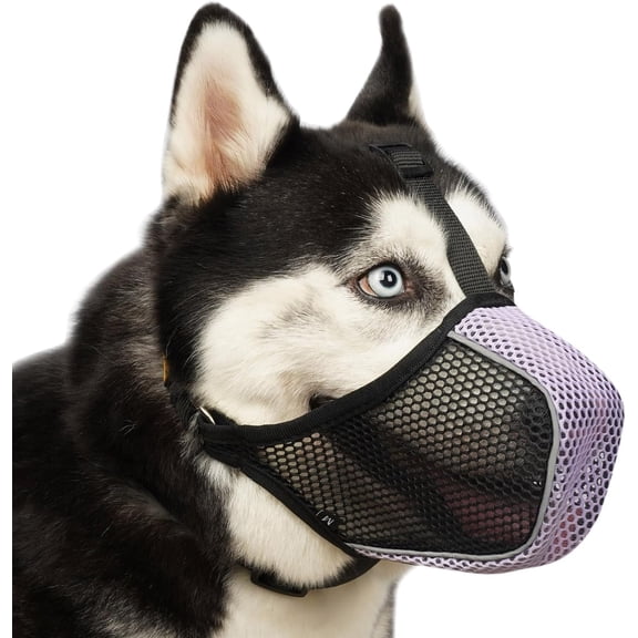 Dog Muzzle, Patented Mesh Soft Muzzles for Large Medium Small Dogs Poodle Husky Doberman Labrador Retriever for Scavenging Grooming Biting Chewing, Breathable Reflective Mussel with Collar